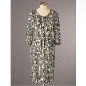 Boden Sarah dress gray green polka dots stretch jersey pleated tie belt